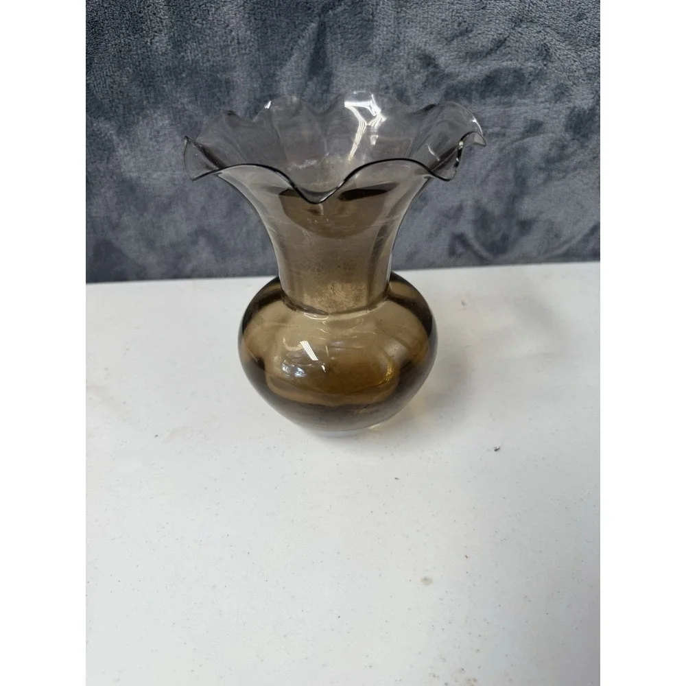 Vintage Mid-Century Smoked Gray Blown Glass Vase with Ruffled Rim